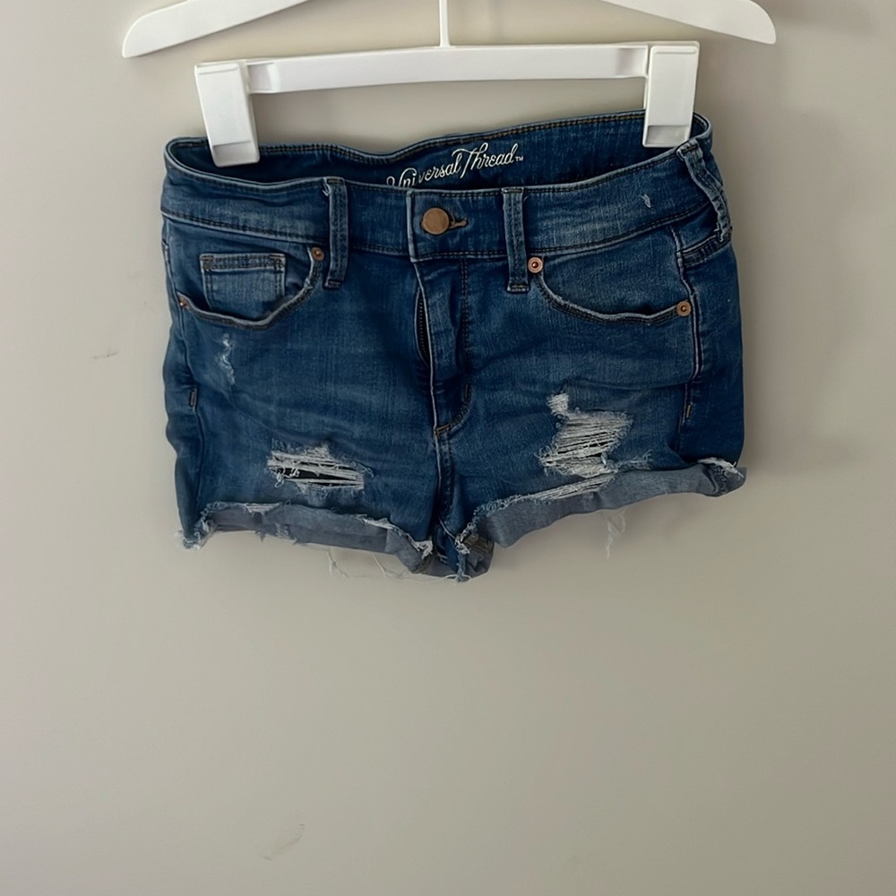 Navy blue jean shorts, high rise